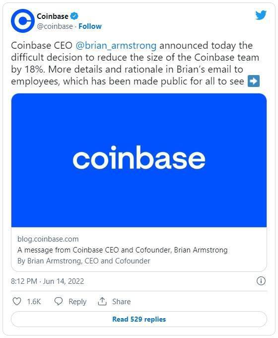 加密货币市场动荡!Coinbase(COIN.US)将裁员18%