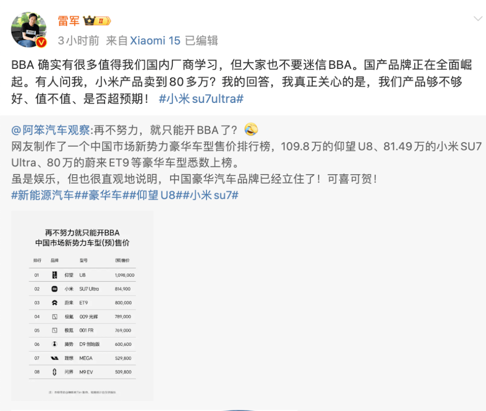 小米汽车卖到80多万<strong></p>
<p>炒币书</strong>，网友称再不努力只能开BBA！雷军：不要迷信BBA