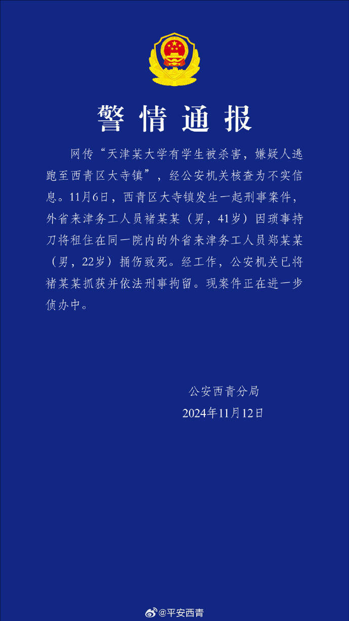 网传“天津某大学有学生被杀害<strong></p>
<p>链币网</strong>，嫌疑人逃跑至西青区大寺镇”？警方通报