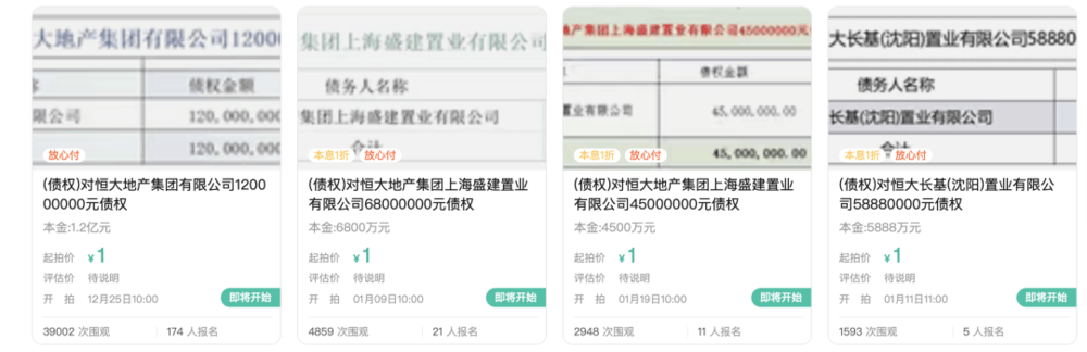 1元起拍<strong></p>
<p>鲸鱼币</strong>，恒大地产集团1.2亿元债权拍卖参与者众多