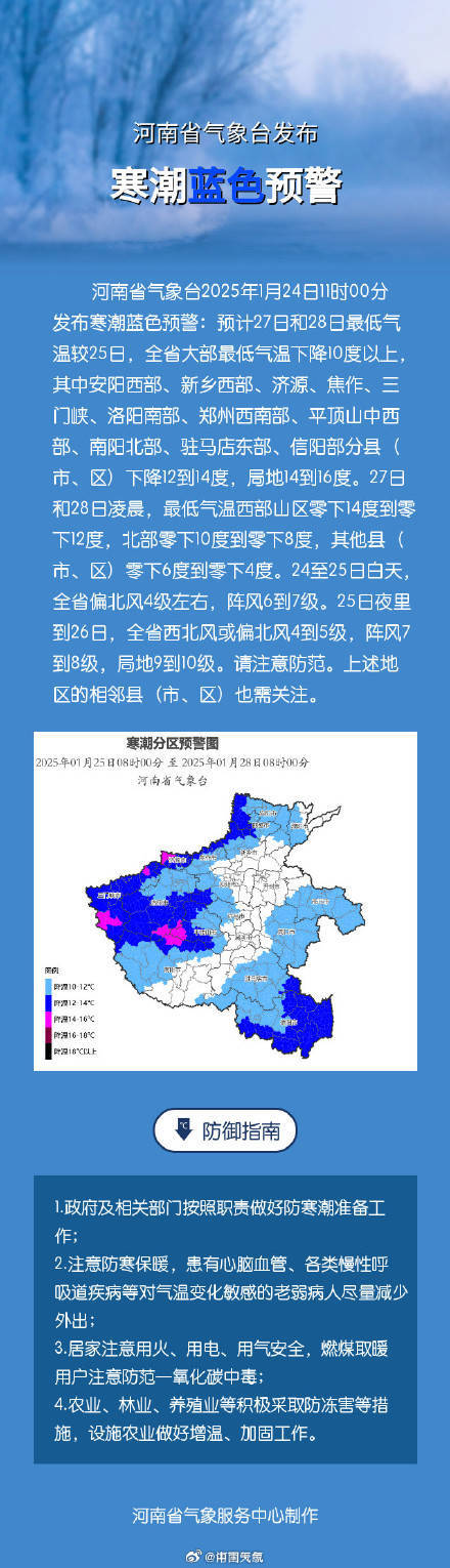 河南寒潮暴雪道路结冰三预警齐发