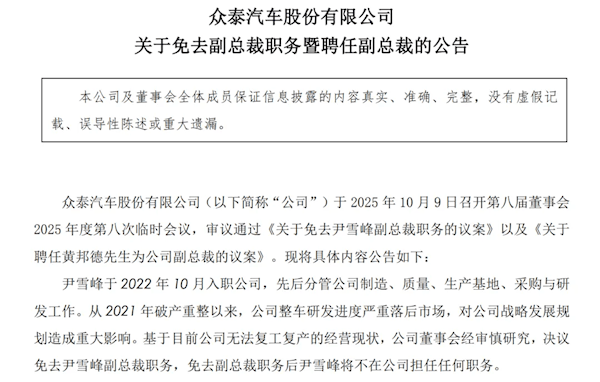 1年卖了14辆车亏了10亿元<strong></p>
<p>新华百货股票</strong>，众泰汽车公告：副总裁尹雪峰被免职